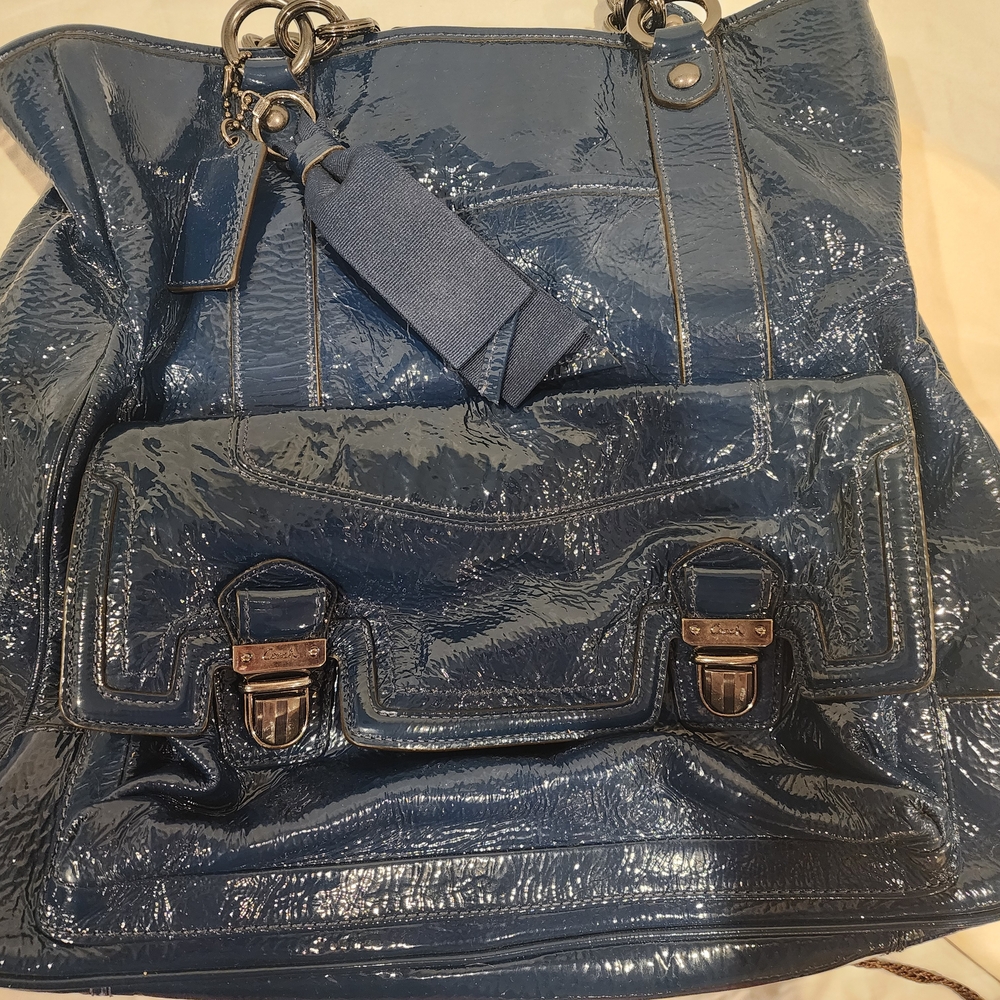 Coach Blue Patent Leather Tote with Embossed Texture